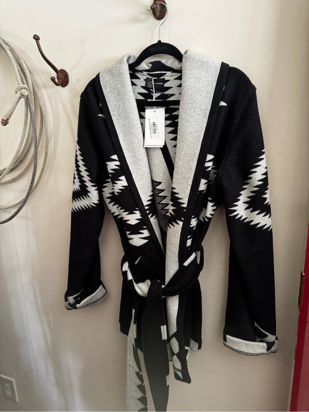 Black & White Aztec Hooded Wrap Coatigan NWT